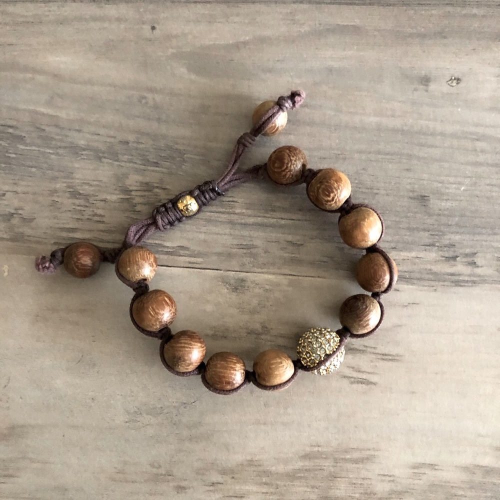 Neiman Marcus Tai wood and gold Rhinestone beaded bracelet